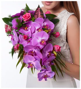 Wedding Bouquet of Pink Roses and Lilac Orchids