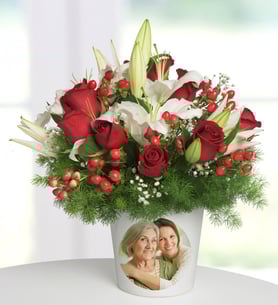 Personalized Red Roses and White Lilies Arrangement