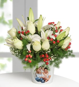 Personalized White Lilies and Roses Arrangement