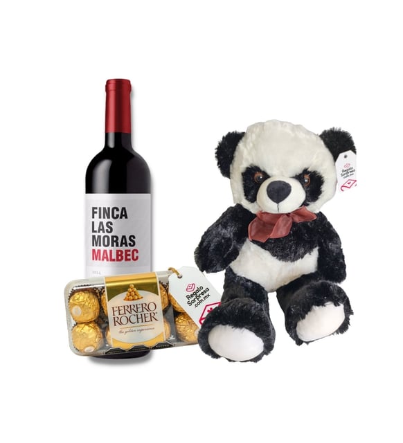 Oso Panda Premium con Chocolates Ferrero Rocher y Botella de Vino Tinto