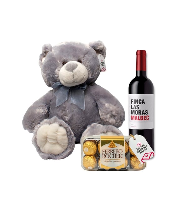 Oso Premium Gris con Chocolates Ferrero Rocher y Botella de Vino Tinto