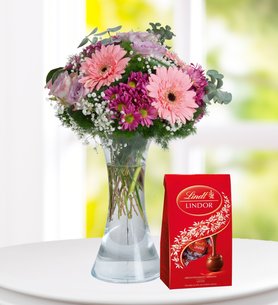 Gerbera, Daisy, and Purple Rose with Lindt Chocolate