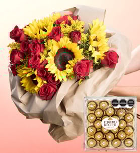 Bouquet Sunflowers, Roses And Ferrero 24