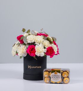 White Carnations, Pink Topaz In Box And Ferrero 16