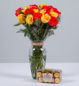 12 Orange Roses, 12 Yellow Roses And Ferrero 16