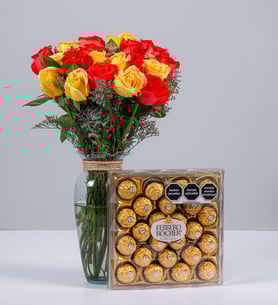 12 Orange Roses, 12 Yellow Roses And Ferrero 24