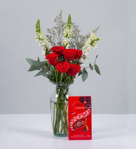 Red Roses With White Snapdragons And Lindt