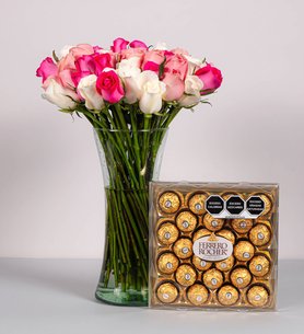 50 White Pink And Fuchsia Roses With Ferrero 24