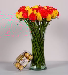 50 Orange And Yellow Roses With Ferrero 16