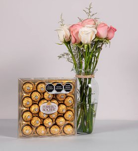 Detail Pink And White Roses With Ferrero 24