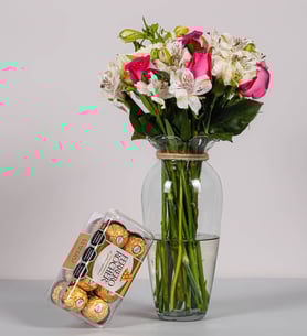Pink Topaz, Carnations And White Astromelia With Ferrero 16