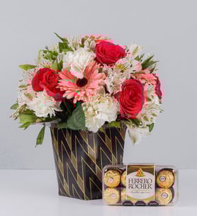 Arrangement Roses With Carnations And Ferrero 16